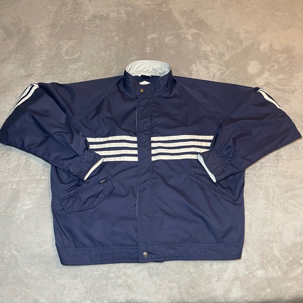 Vintage 90s Totes Tech-Tex Mens XL Windbreaker Jacket Blue White Stripe Full Zip